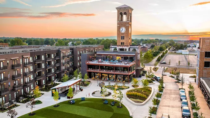 Factory 52 adaptive reuse district with clock tower and central green